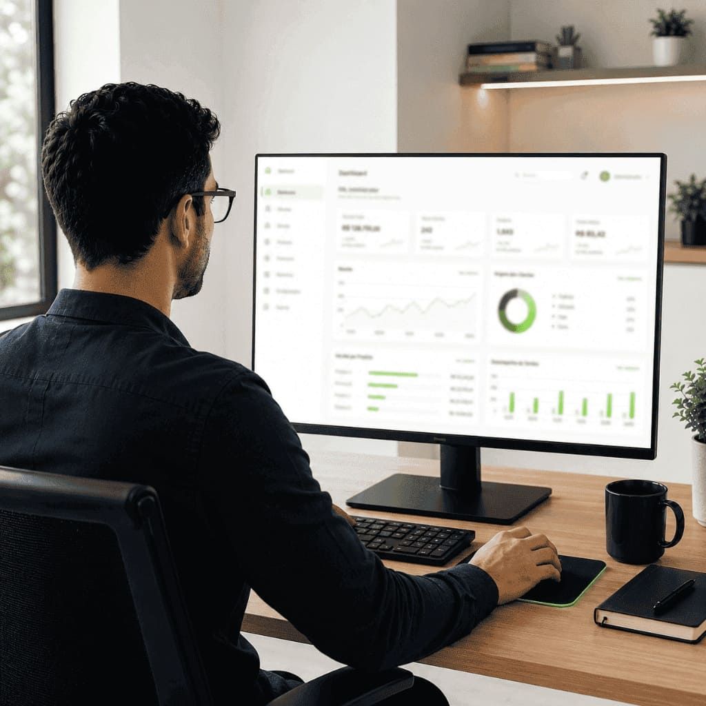 Profissional analisando dashboard da plataforma XTPG em monitor